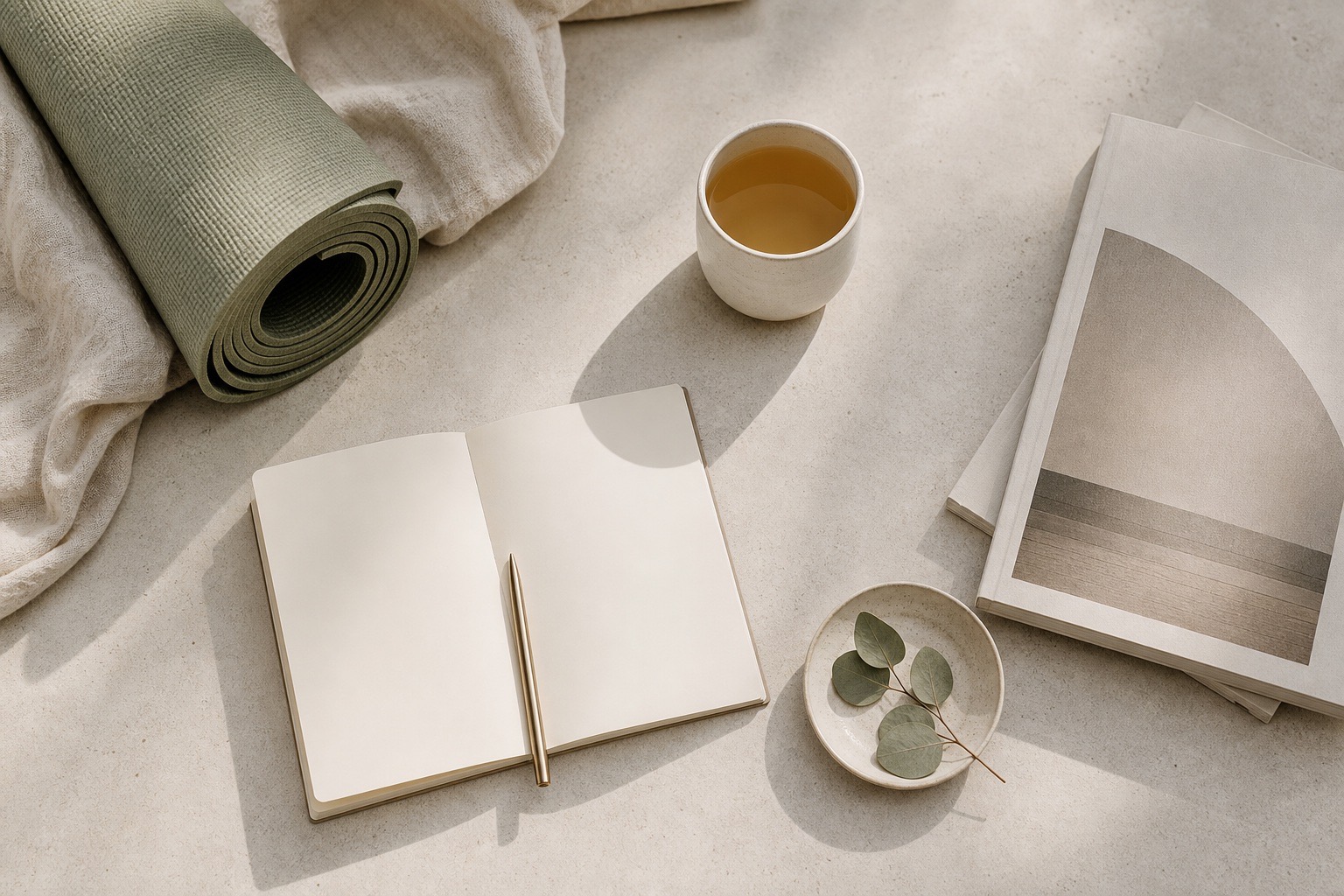 Editorial flatlay with tea, notebook, and soft neutral textures