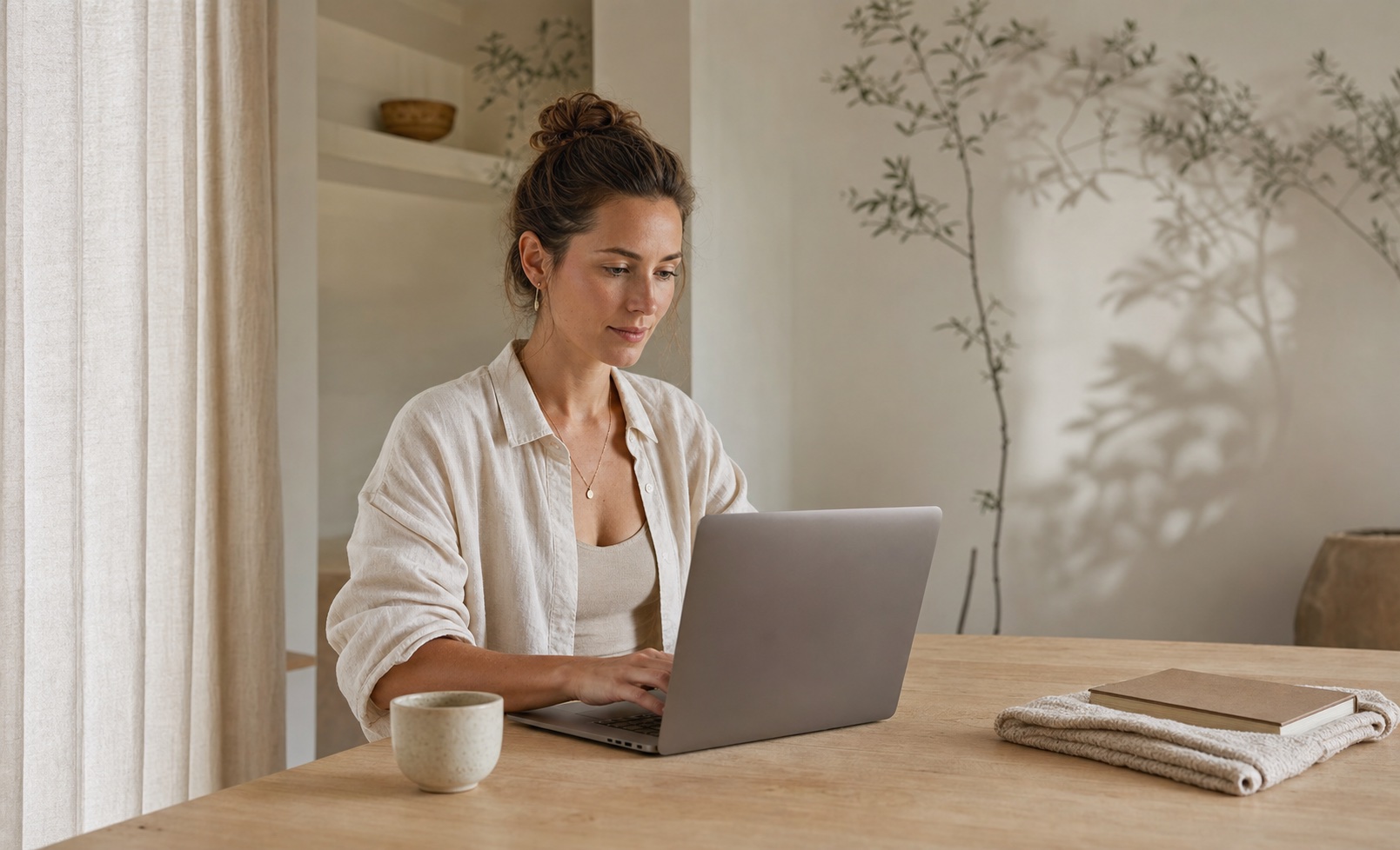 Yogalehrerin arbeitet in einem warmen, minimalistischen Raum an ihrer Website