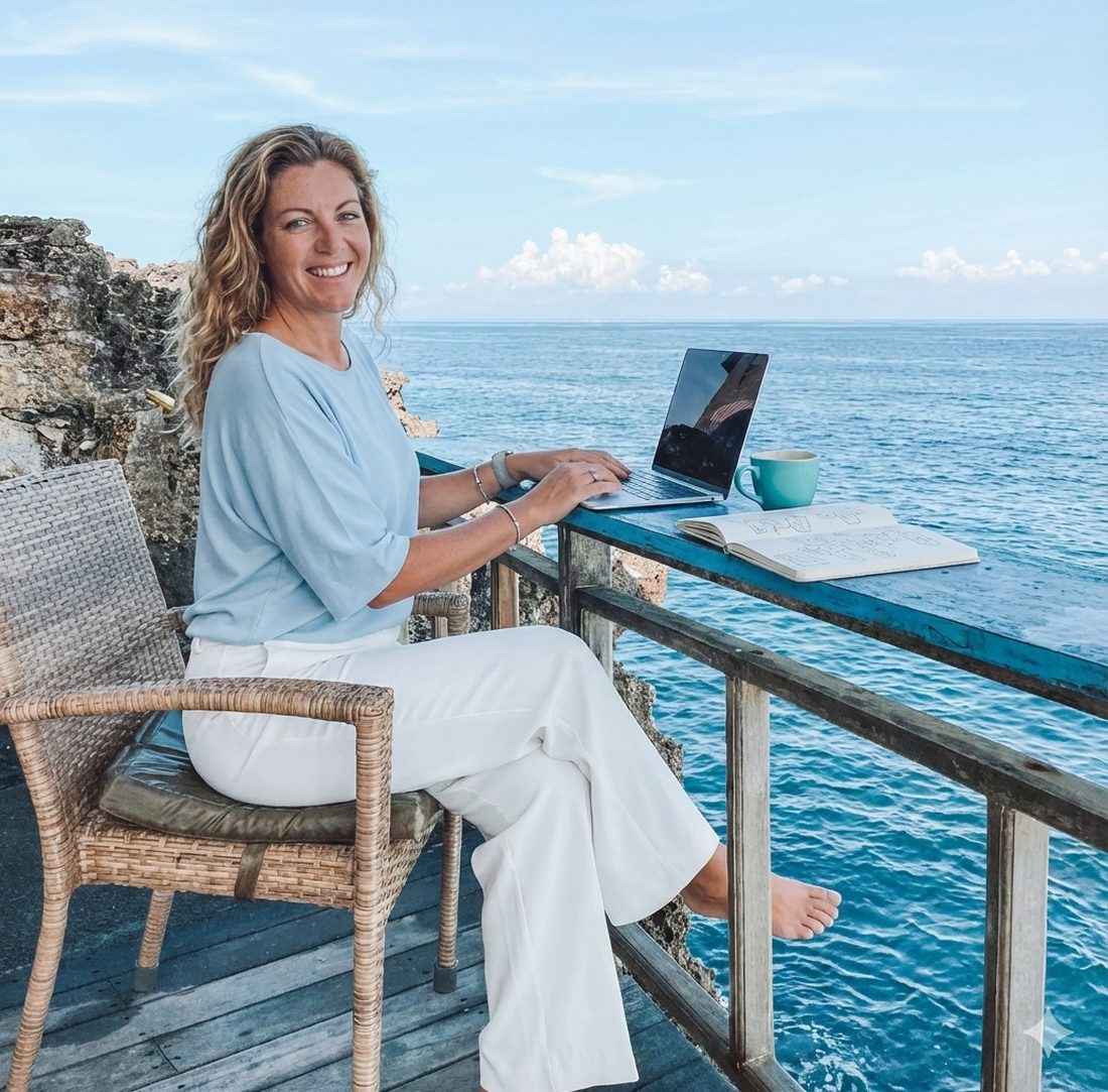 Verena working on her laptop by the ocean