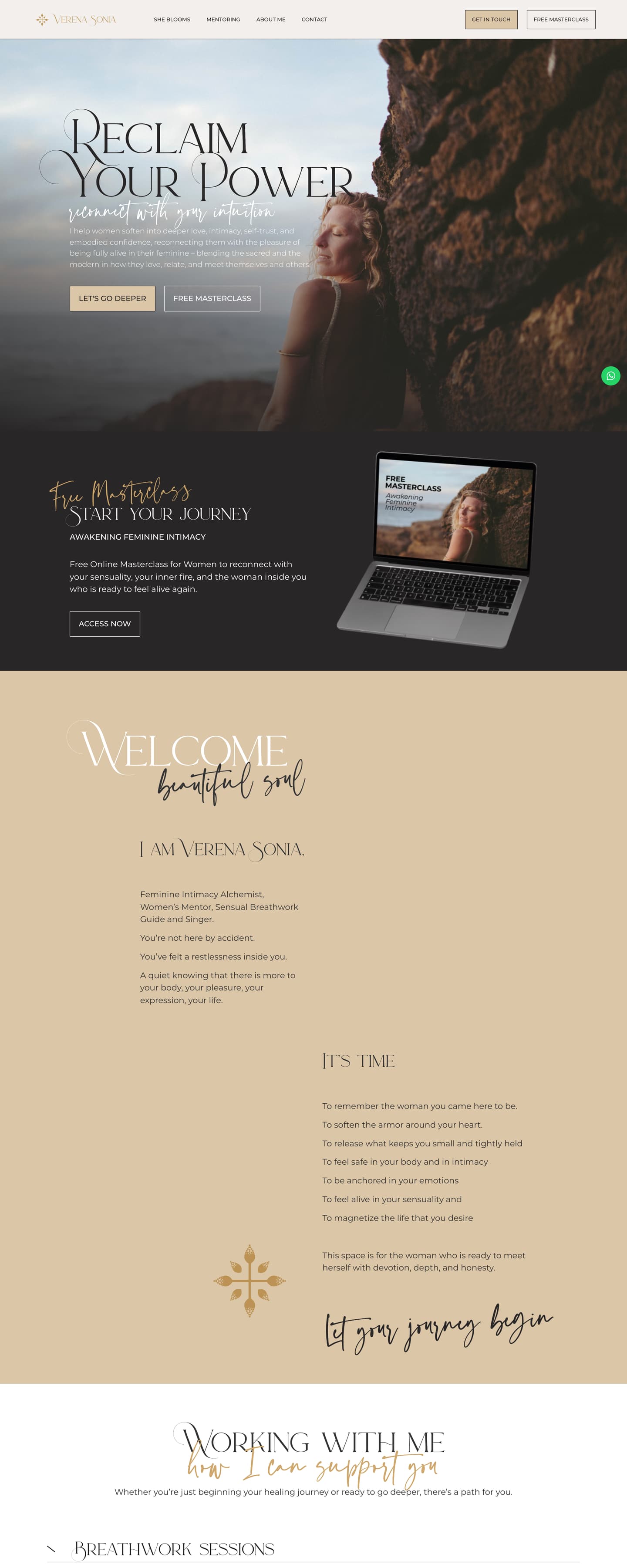 The Verena Sonia website on a laptop, scrolling