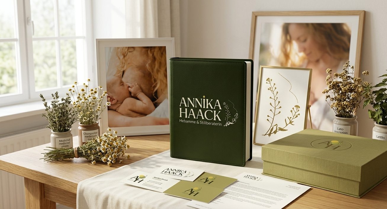 Papelaria da Annika Haack com pasta verde escura e logo dourado