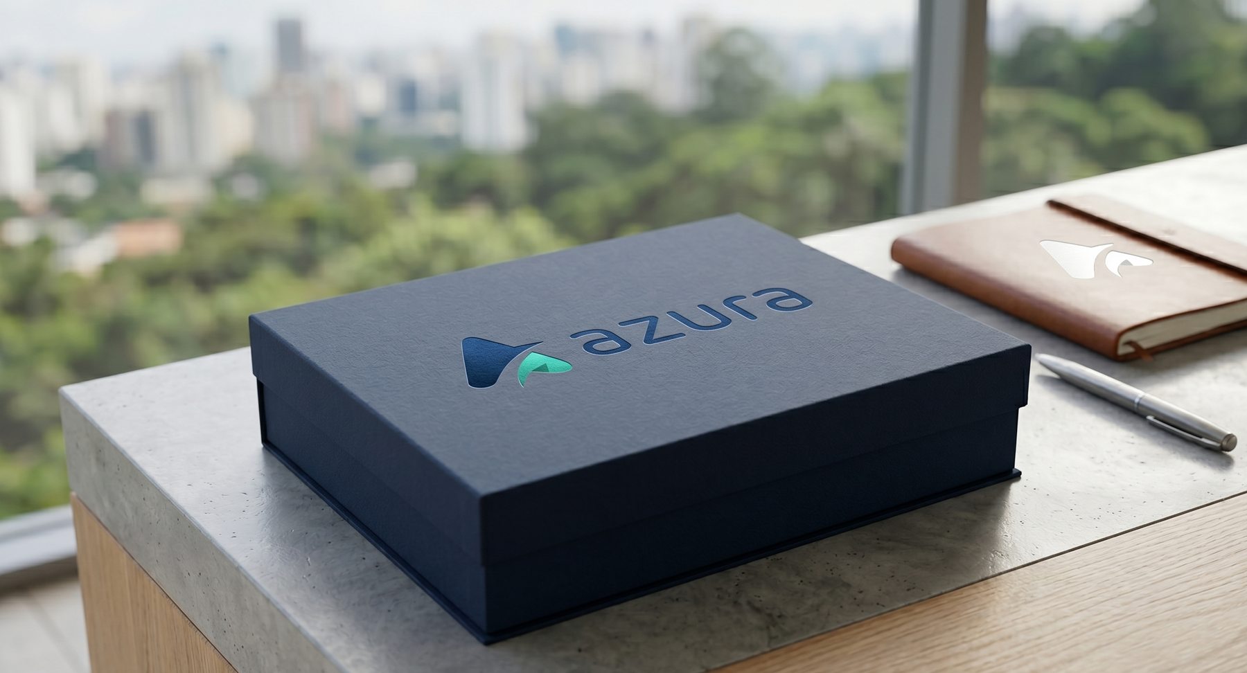 A caixa de marca da Azura em azul-marinho