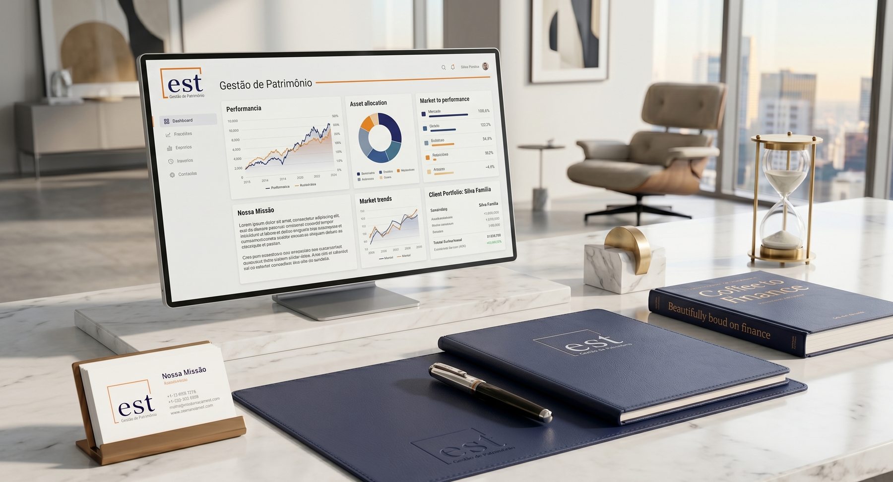 The est website on a desktop screen with branded stationery